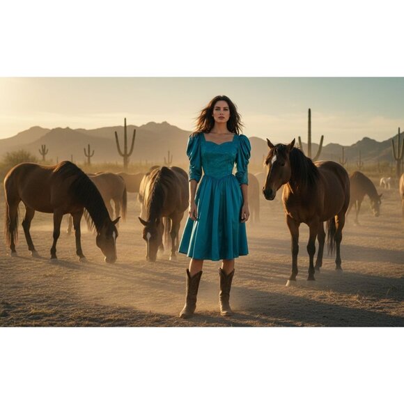 An Original by Lauren Balog Vintage Turquoise Lace Satin Puff Sleeve Dress - Picture 1 of 9